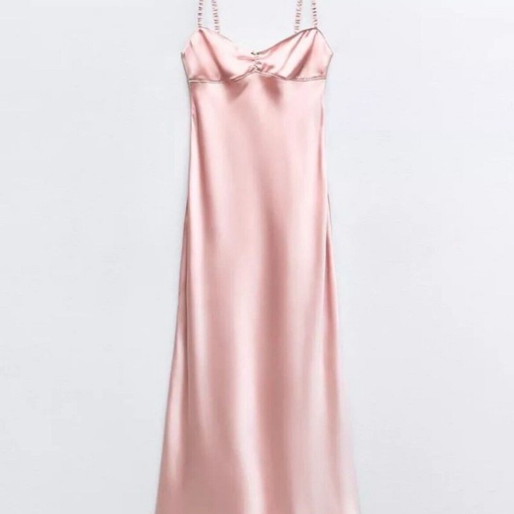 NWT Zara Pink Satin Slip midi Dress - Picture 4 of 11